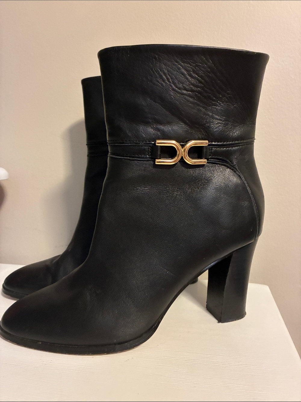 Express Black Leather Ankle Boots with Gold Hardware